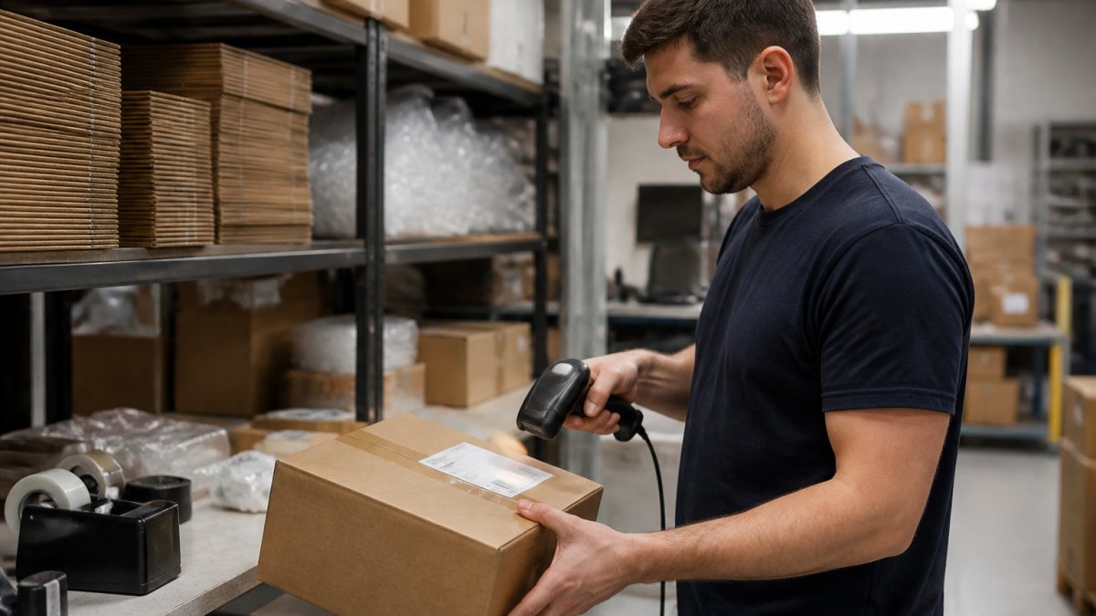 Warehouse worker scanning barcode on package at packing station with organized shelves and shipping supplies visible in background, fluorescent lighting