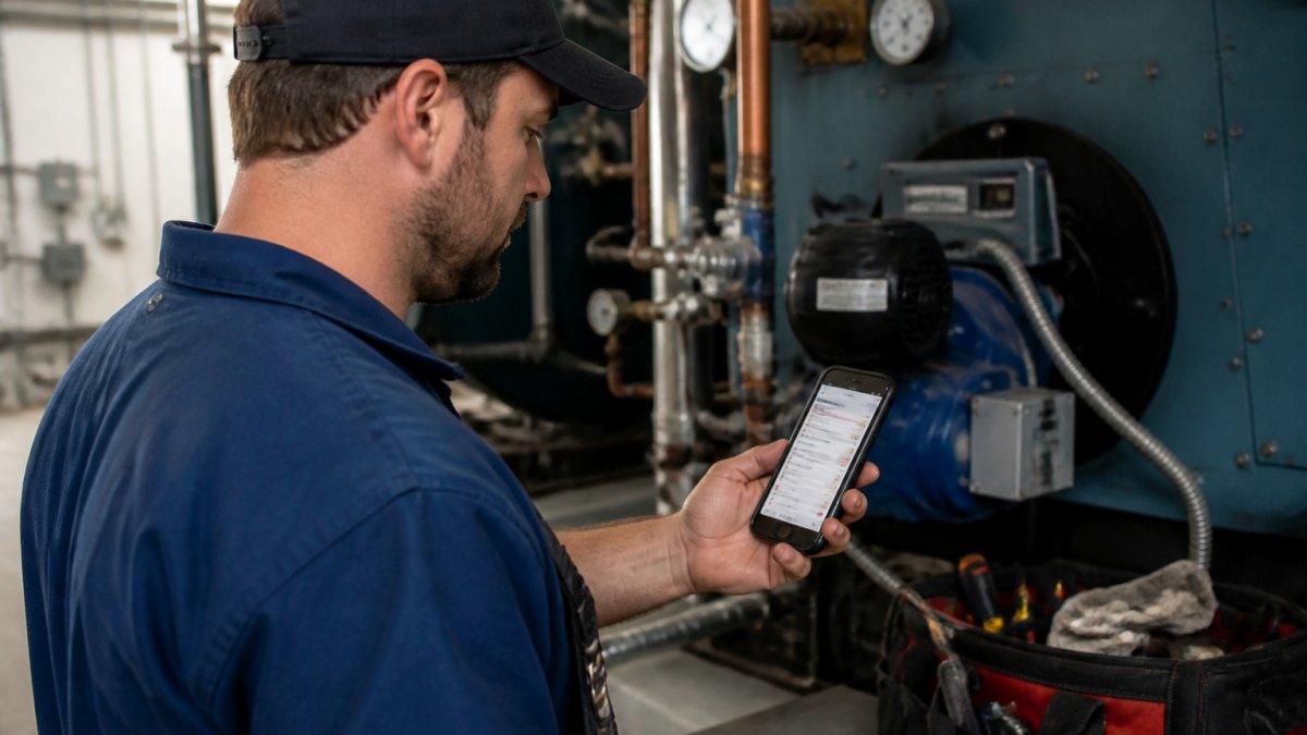 Contractor reviewing automated work order on mobile device with escalation alert visible, showing overdue maintenance flag and parts-unavailable status