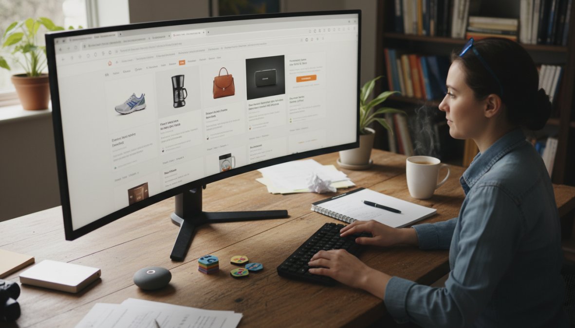 Person sitting at a desk with multiple browser tabs open on a large monitor showing e-commerce product listing pages, with a notepad and coffee nearby in a bright home office