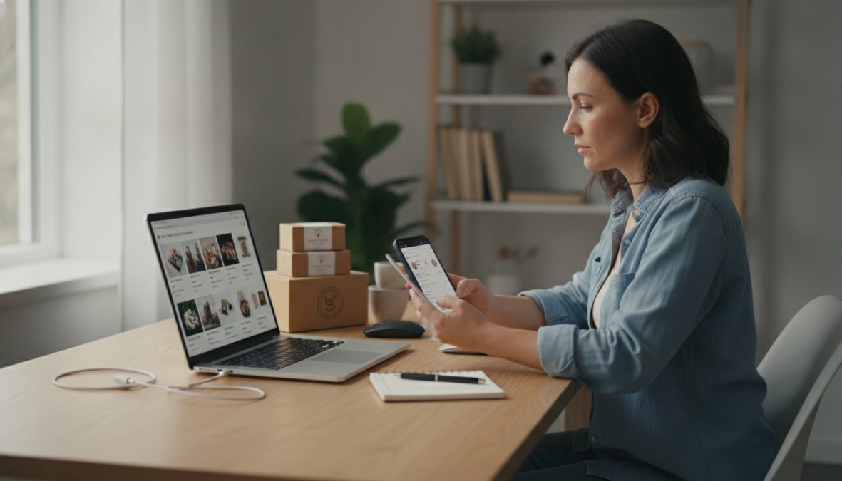 A small business owner sitting at a tidy desk reviewing product listings on a laptop and smartphone side by side, with soft natural light and a few neatly stacked packaged products visible nearby