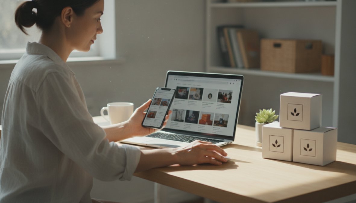 Close-up of hands holding a smartphone displaying a social media shop feed with product cards visible, while a laptop with analytics dashboards is open on the desk in the background, warm indoor office lighting