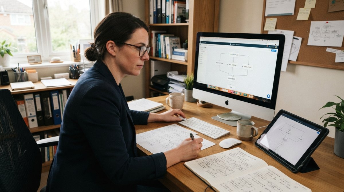 Small business owner reviewing workflow automation setup on a computer screen in their office, with printed process notes and workflow diagrams visible on the desk