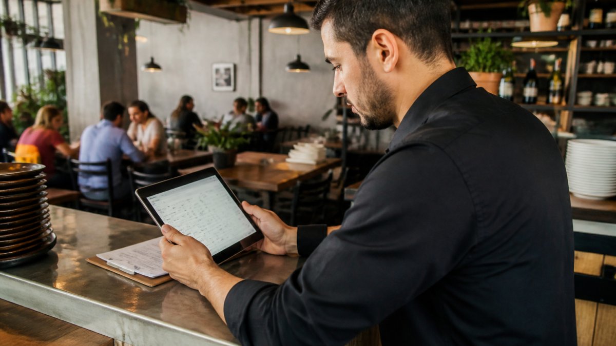 Restaurant manager reviewing membership billing dashboard on tablet at counter, showing active member count and upcoming renewal dates