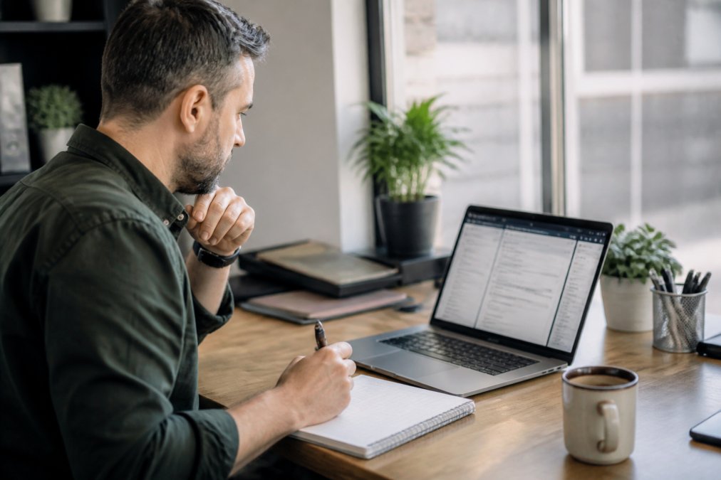 Small business owner at desk reviewing content strategy on laptop with notepad and coffee, focused on screen with multiple browser tabs open