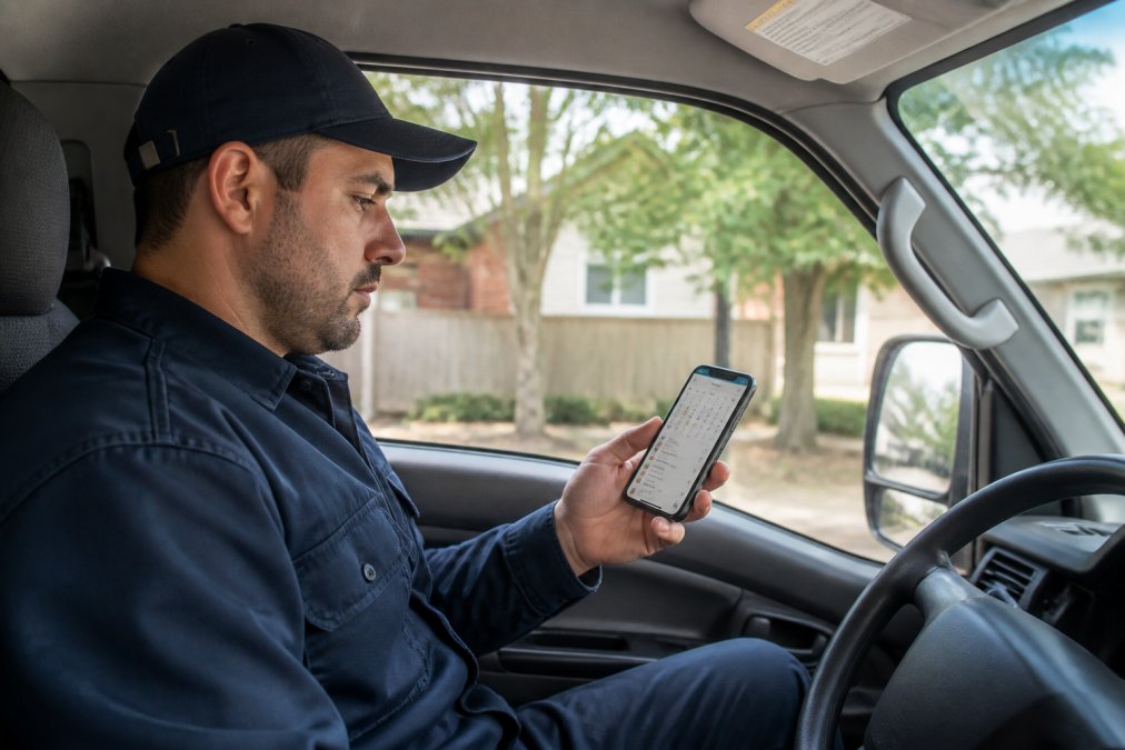 Field service technician in truck cab checking smartphone for appointment reminder notification, with calendar and work orders visible on mobile screen, natural daylight through window