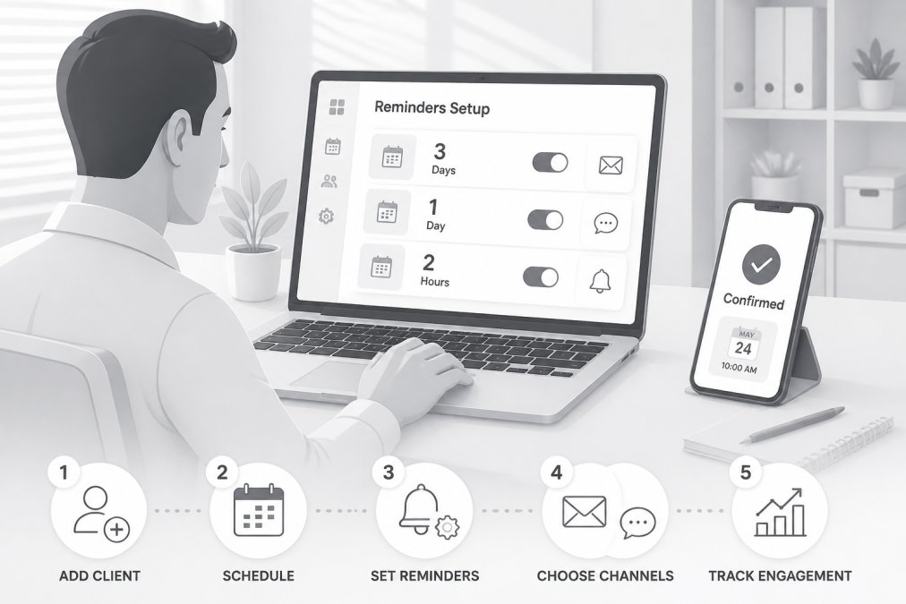 Business owner at desk setting up scheduling software on laptop, with mobile phone showing appointment confirmation message nearby, natural office lighting