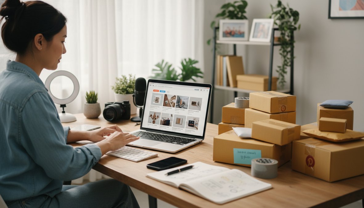 A small business owner sitting at a desk with a laptop open showing a product dashboard, surrounded by packaged products ready to ship, in a bright home office setting