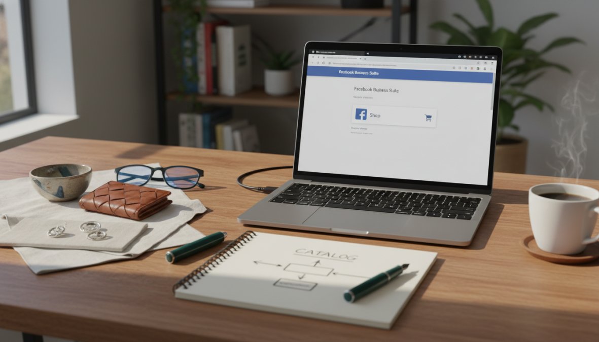 Close-up of hands on a laptop keyboard with a smartphone beside it displaying a Facebook Shop product grid, on a clean wooden desk with soft natural light