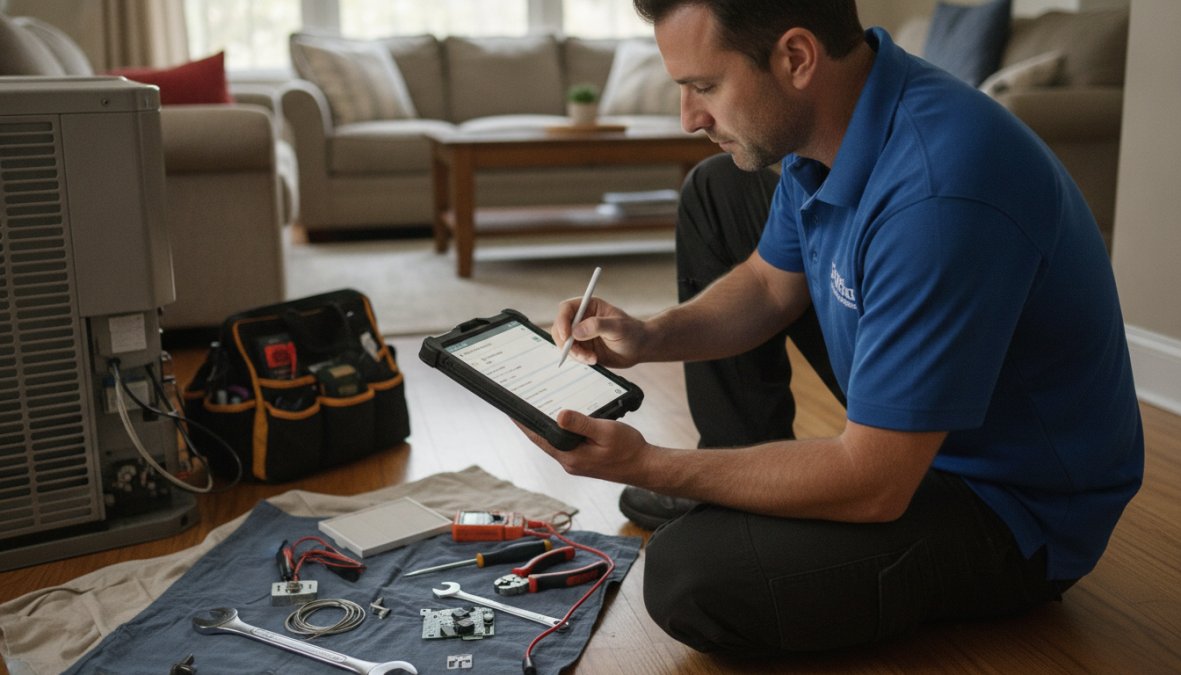 A service technician using a mobile app on a tablet in a customer's home, reviewing work order details and taking notes while standing near HVAC equipment