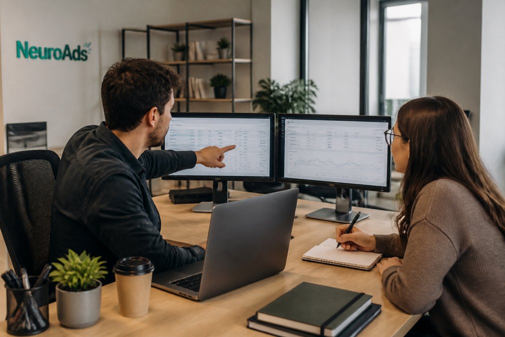 Marketing manager pointing at campaign performance dashboards on dual monitors while a colleague takes notes in a bright modern office