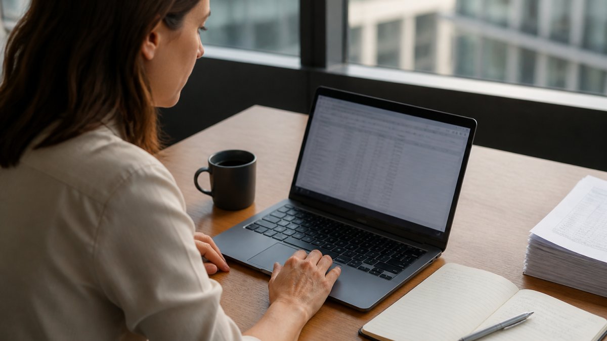 A finance manager at a desk in a bright office reviewing bank transactions on a laptop screen, with a notebook and coffee cup beside the keyboard
