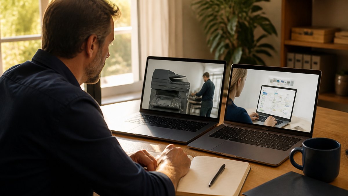 A small business owner sitting at a wooden desk with two laptops open side by side, one showing a copier maintenance dashboard and the other showing a workflow automation interface, notepad and coffee mug nearby, warm afternoon light through a window