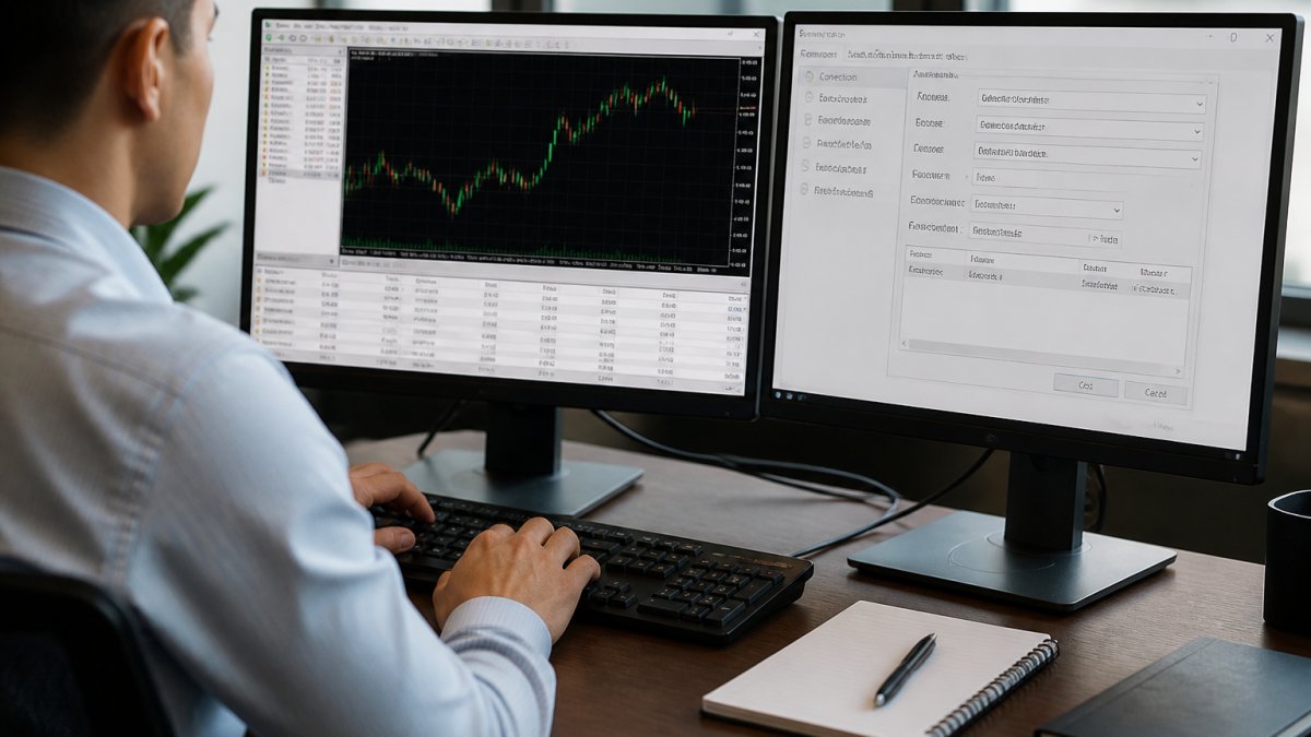 Professional trader's hands on keyboard with MetaTrader 5 interface displaying gold charts and account connection settings on dual monitors in bright office