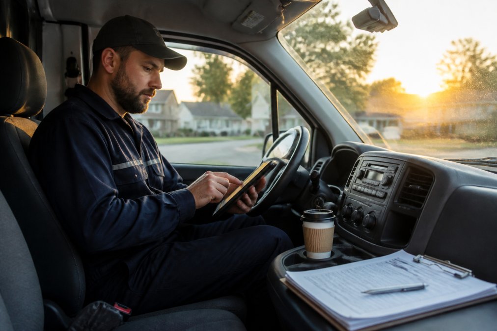An HVAC technician sitting in a service van typing a follow-up email on a tablet, with a clipboard and coffee cup on the dashboard beside him, late afternoon light through the windshield