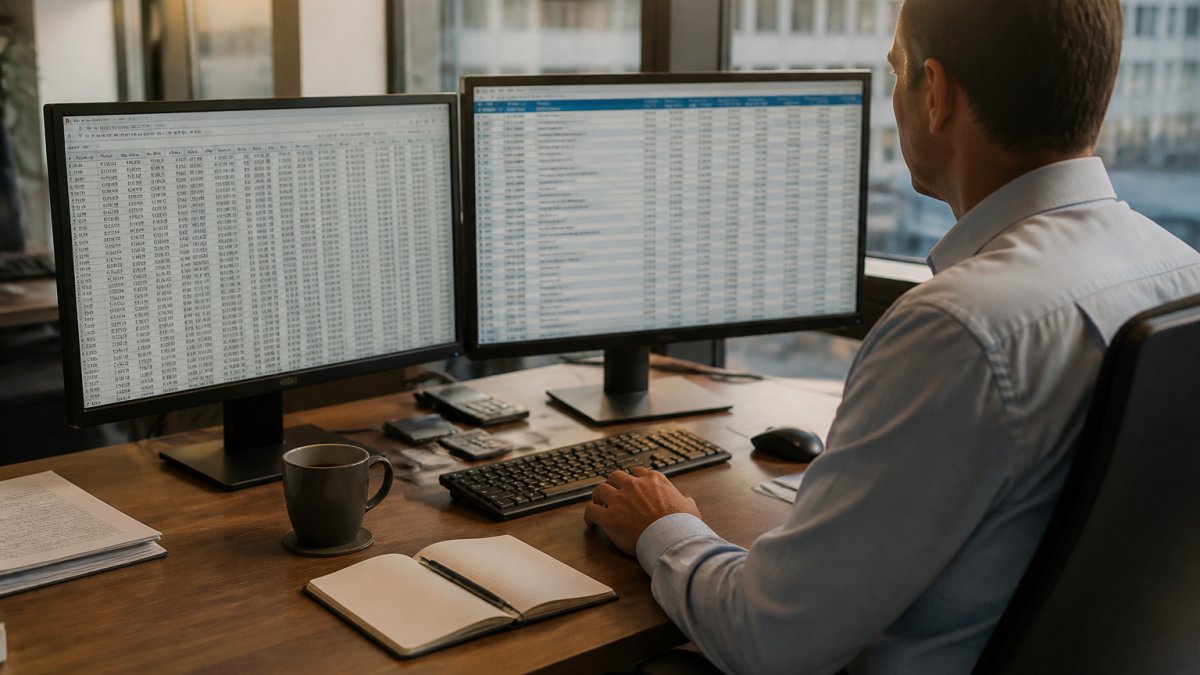 A finance controller at a desk with two monitors showing a consolidated multi-bank cash position and a spreadsheet of transactions, notebook and coffee beside the keyboard, calm late-afternoon office light