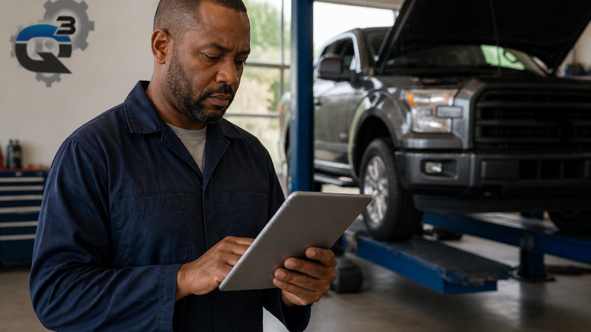 Professional mechanic in work uniform using tablet to review vehicle maintenance records and work orders while standing in modern garage bay with vehicle visible in background