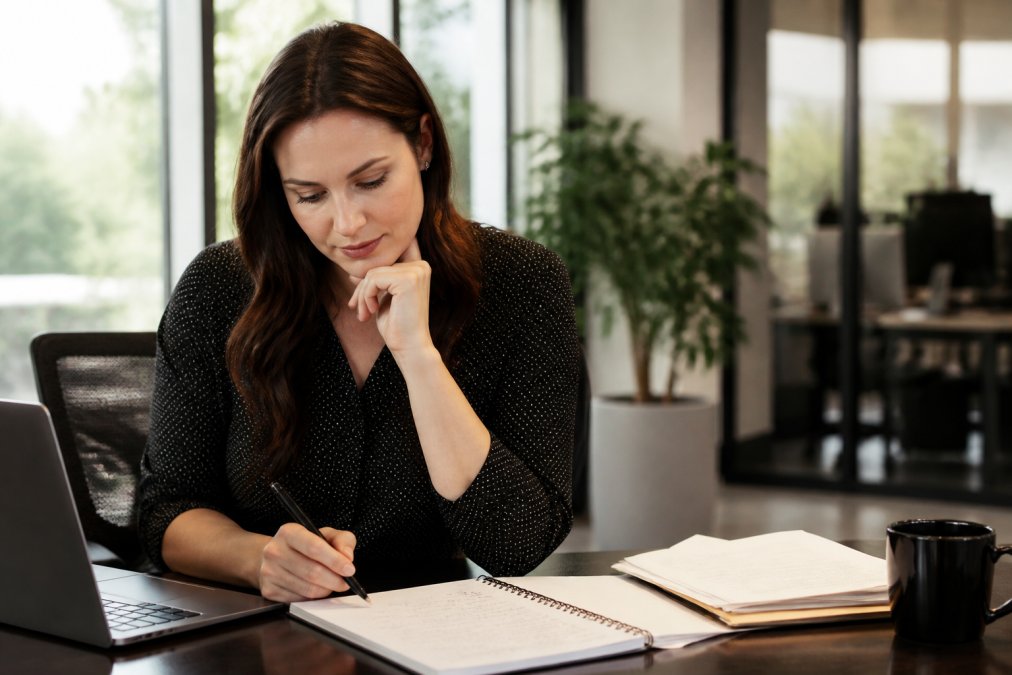 Sales professional refining automated follow-up strategies on a laptop in a sunlit office.