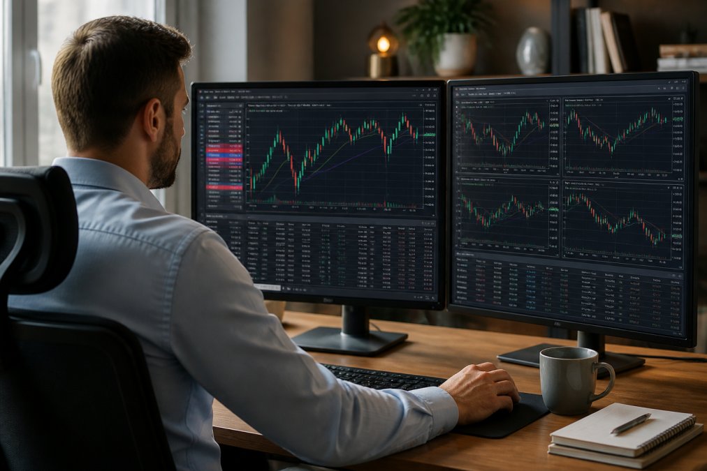 Professional trader at dual-monitor desk displaying MT5 platform with live trading charts, candlestick data, and trading indicators on screens, warm office lighting