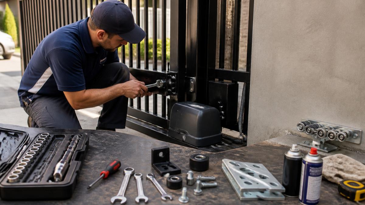 Professional technician inspecting automated gate hinges and moving parts with tools laid out on workbench, close-up of hands checking bracket tightness with wrench