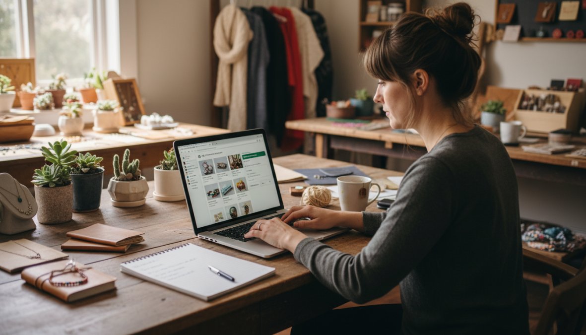 A crafter seated at a reclaimed wood desk surrounded by handmade ceramic mugs and fabric pouches, typing on a laptop with multiple browser tabs open showing an Etsy shop dashboard and a live inventory count panel, warm afternoon light through a window