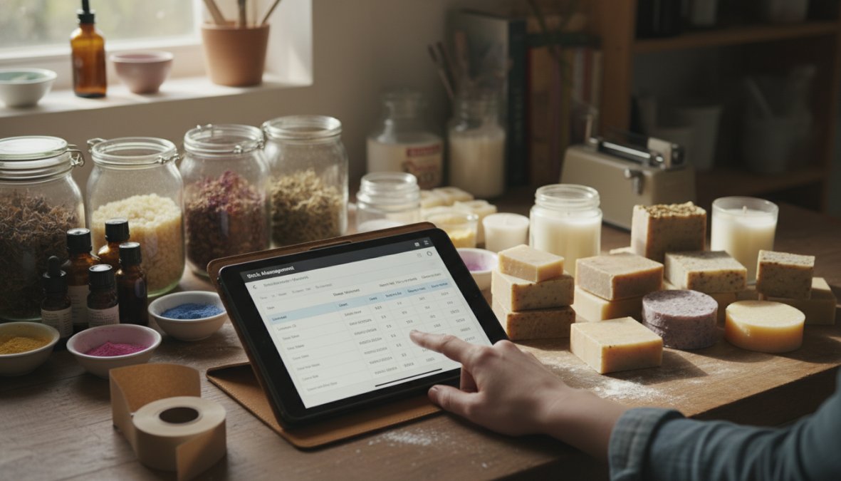 Close-up of a maker's wooden workbench with labeled glass jars of raw materials including dried herbs and wax flakes, three finished handmade soaps on a cutting board, and a tablet propped against the wall showing a stock management app with ingredient quantities and batch numbers visible