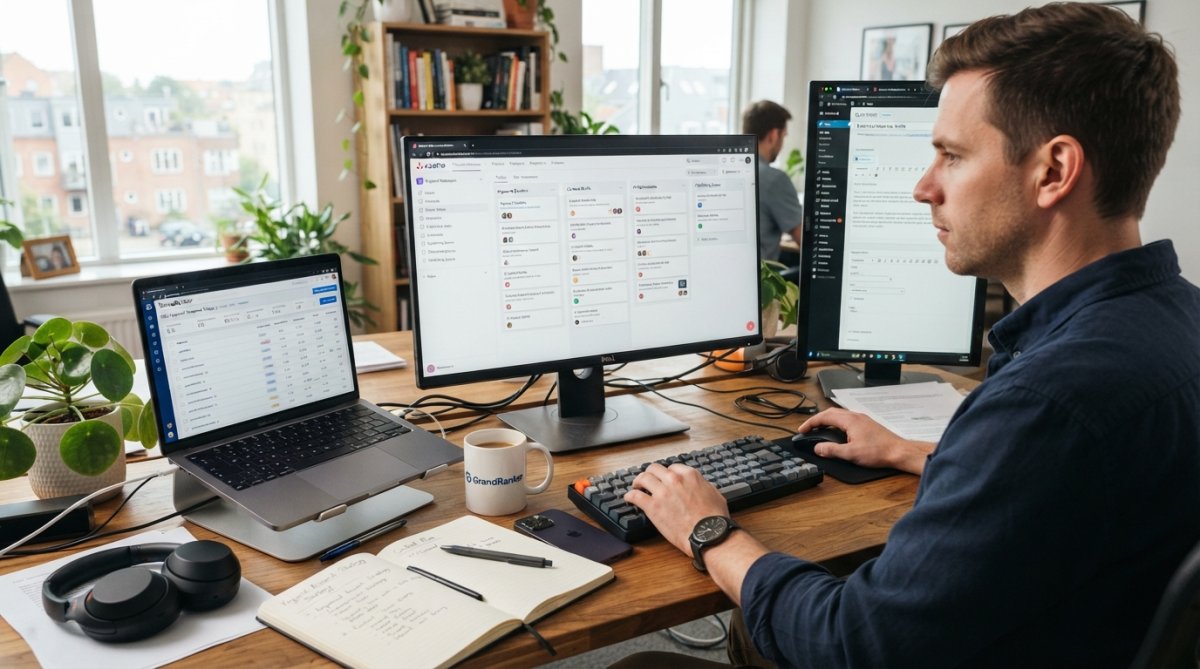 SaaS marketing team reviewing keyword data and content strategy on multiple monitors in a modern office environment with natural lighting