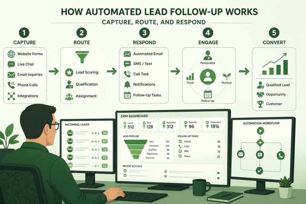 Diagram showing the automated lead follow-up process from capture and routing to CRM response.