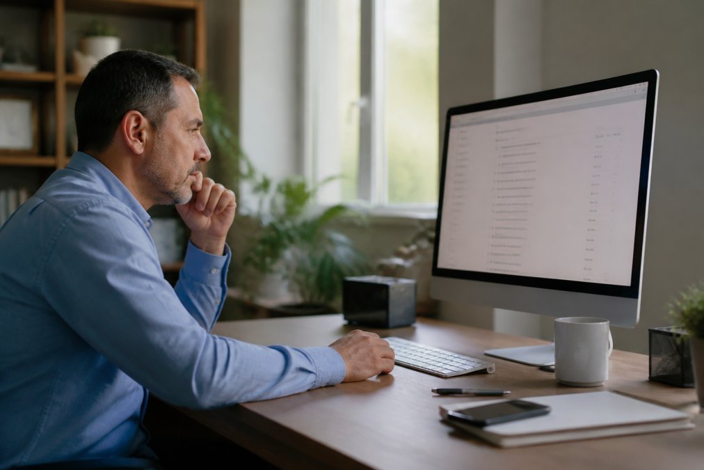 Small business owner at desk reviewing incoming leads on computer monitor with multiple phone notifications visible on smartphone nearby, natural office lighting