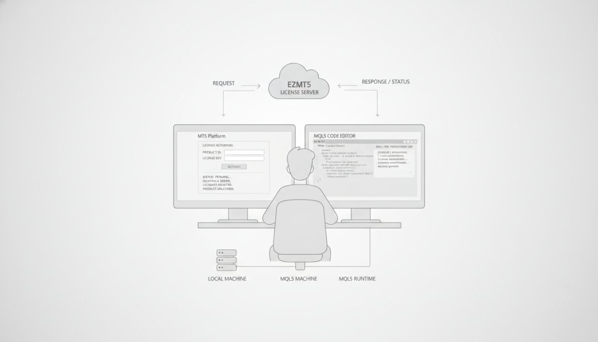 Developer at workstation with dual monitors displaying MT5 platform with license activation interface and MQL5 code editor, showing real-time verification logs