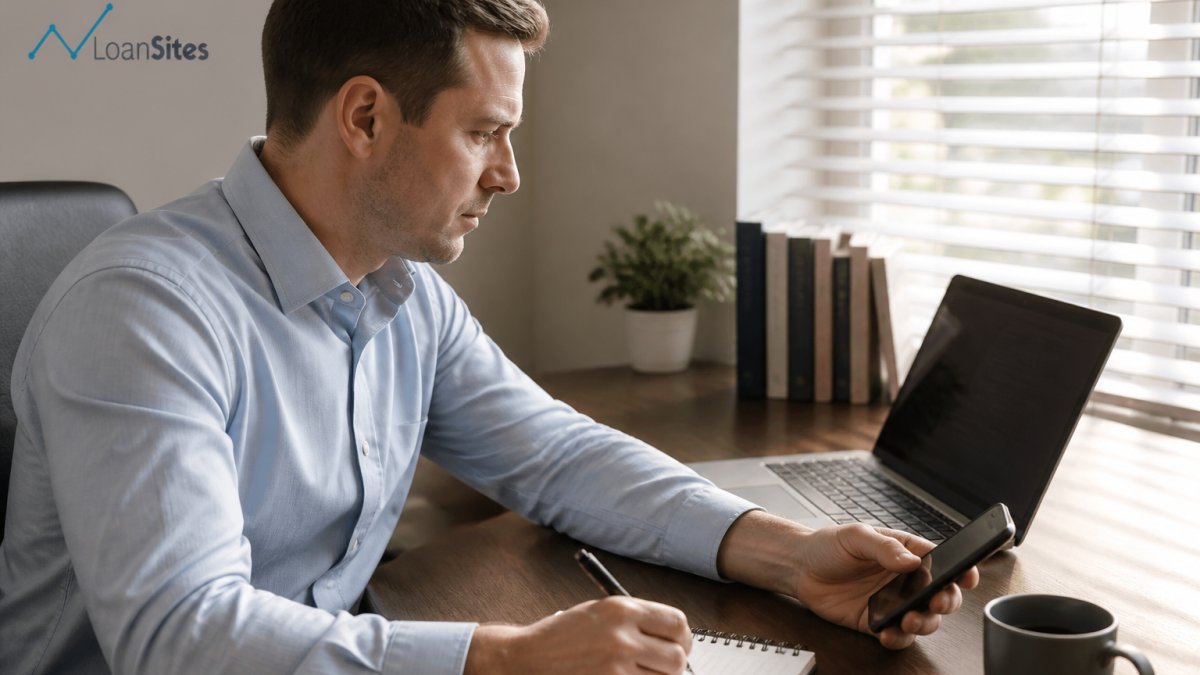 A loan officer at a tidy desk reviewing follow-up message drafts on a laptop, smartphone showing a text thread beside a notepad and coffee, warm natural light through office blinds