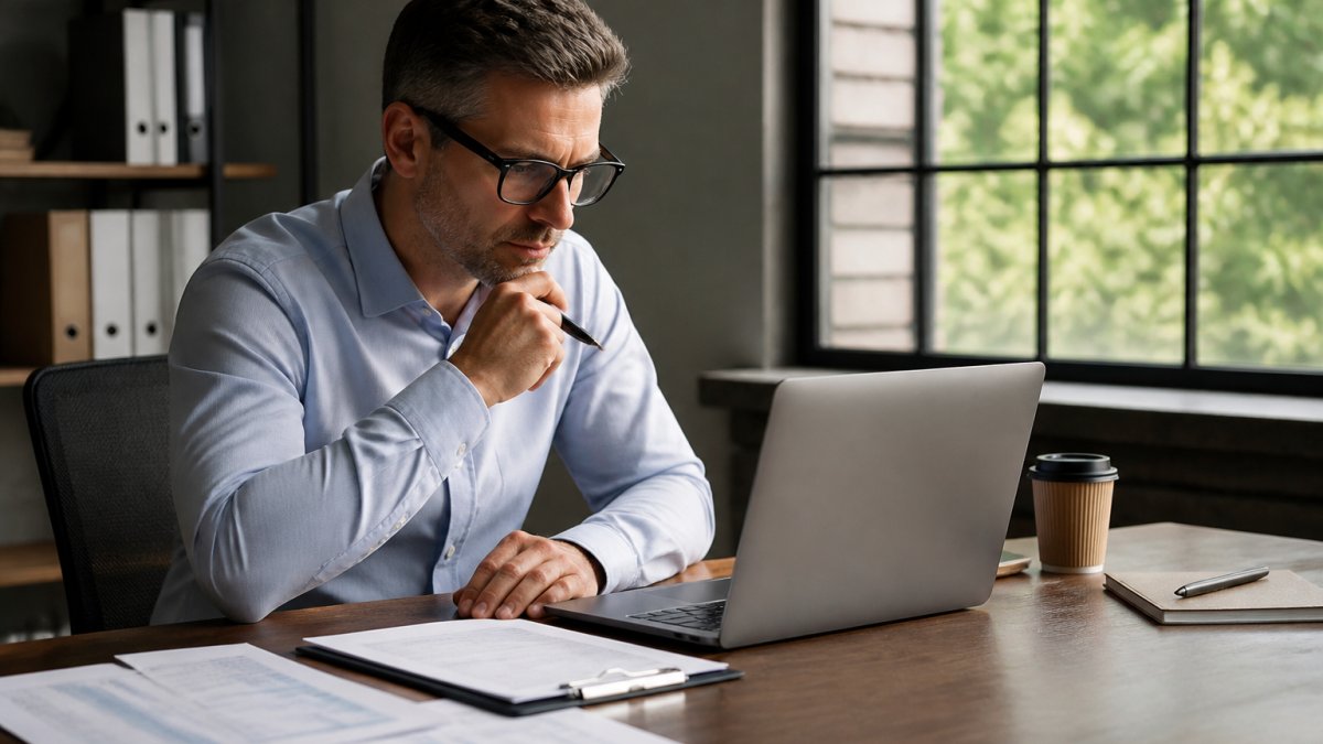 Business owner reviewing payroll data on a computer screen in a modern office, with documents and a coffee cup on the desk, natural window lighting