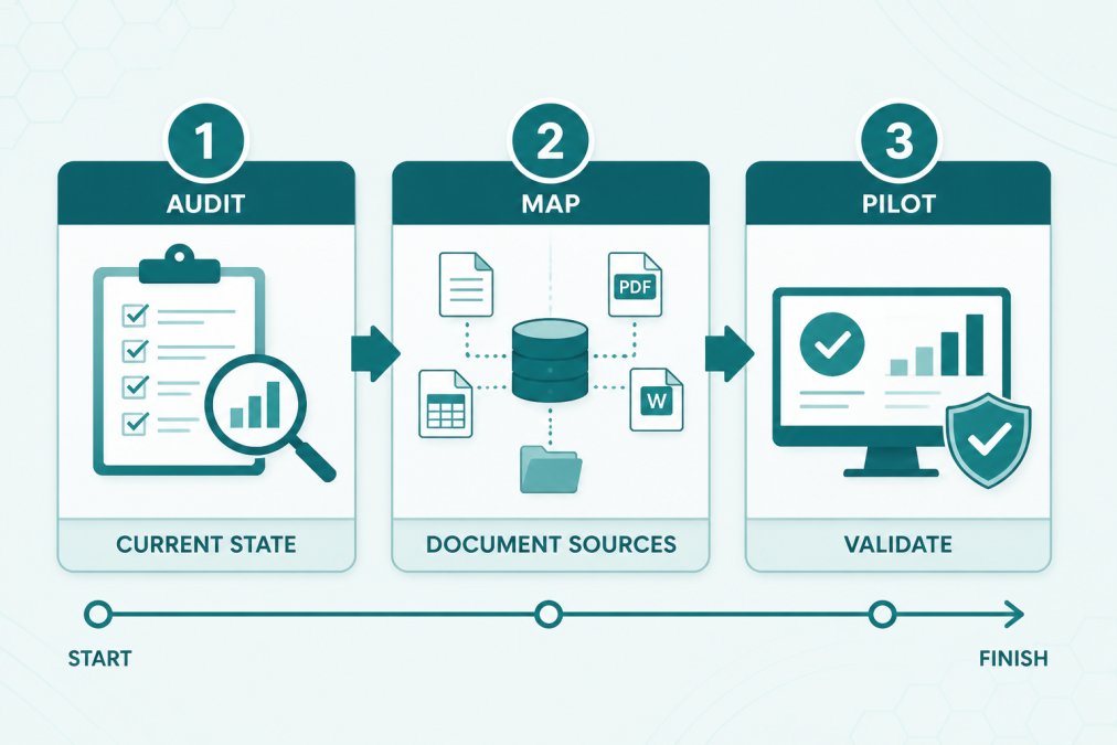 Timeline showing the 3-phase implementation roadmap: Phase 1 Audit Current State, Phase 2 Map Document Sources, Phase 3 Pilot and Validate