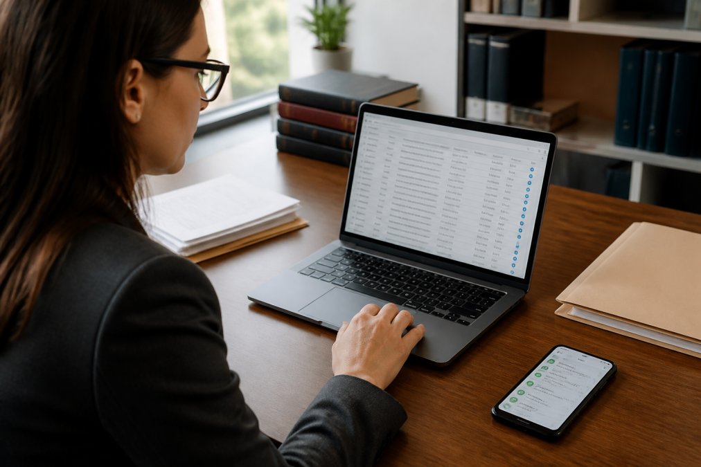 A legal assistant at a desk reviewing delivery confirmations on a laptop, a smartphone showing SMS notifications lying nearby, bright office lighting