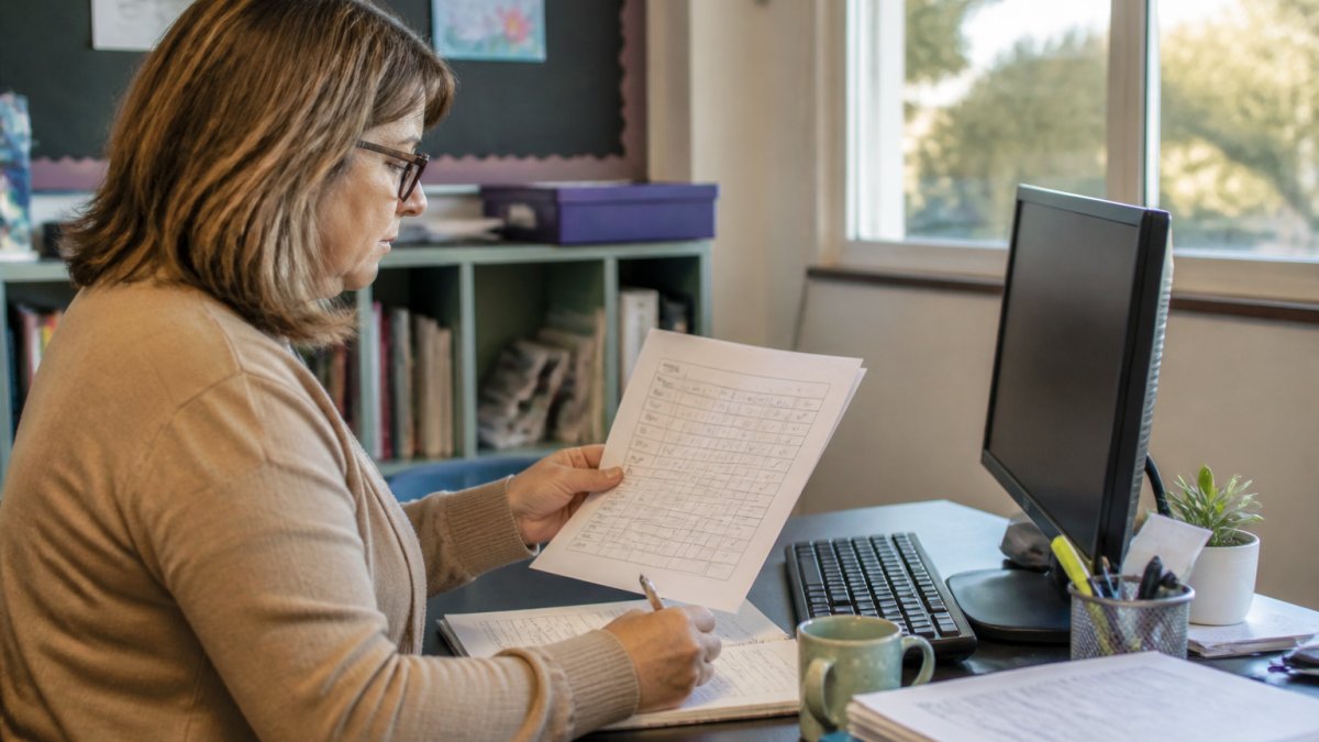 Teacher using a computer to manage automated rubric grading with a printed checklist at a sunny desk