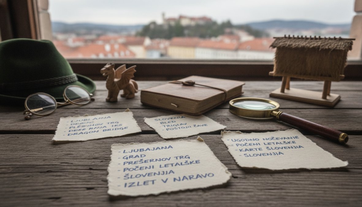 Close-up of hands typing on a laptop with a Slovenian-language website displayed on the screen, a coffee cup and notepad with keyword notes nearby on a wooden desk in warm natural light