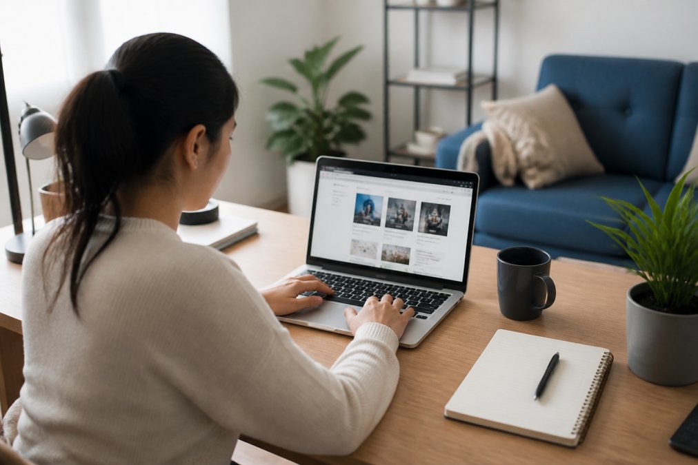 A content creator working at a desk with a laptop showing an analytics dashboard, with a coffee mug and notebook nearby in a bright home office