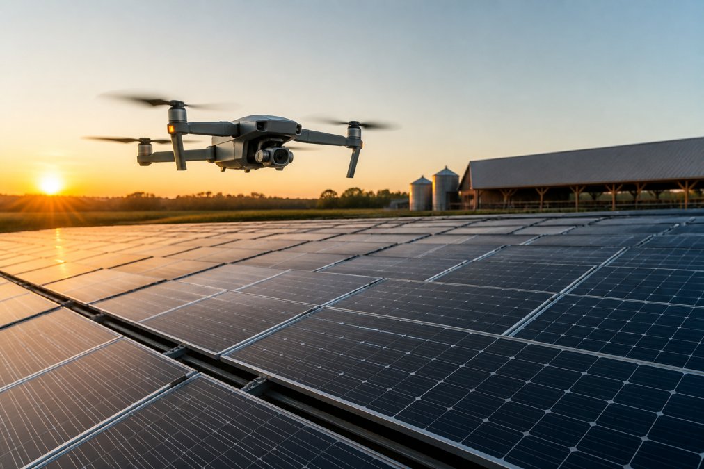 Drone hovering over a large solar farm during golden hour for solar panel maintenance inspection