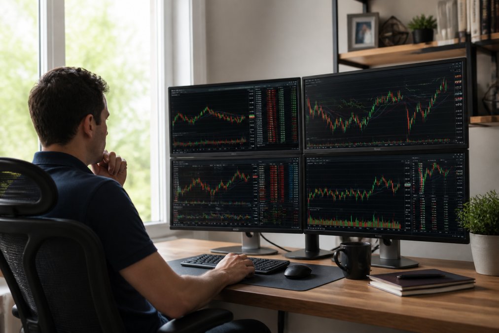 Professional trader monitoring multiple screens displaying real-time market data and trading charts from a home office setup with natural lighting