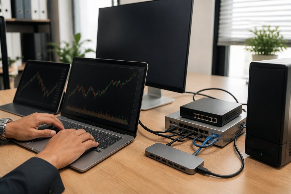 Close-up of hands working on a laptop displaying financial dashboard and market data, representing system setup and configuration in a modern office environment