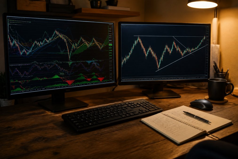 A trader's desk with two monitors, one showing a chart dense with indicator overlays and the other a clean candlestick chart with hand-drawn trendlines, a notebook and pen beside the keyboard, warm desk lamp lighting