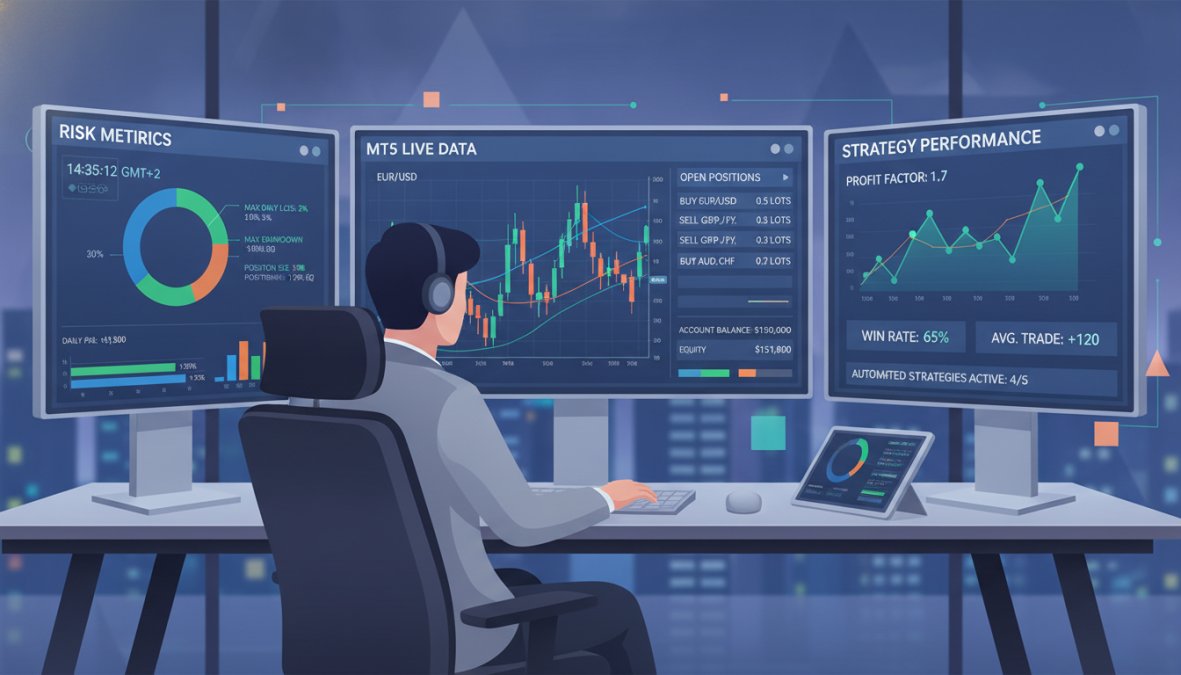 A focused professional in a modern trading office reviewing multiple screens displaying live Forex market data with colored candlestick charts and risk metric panels, overhead fluorescent lighting reflecting off the glass desk surface