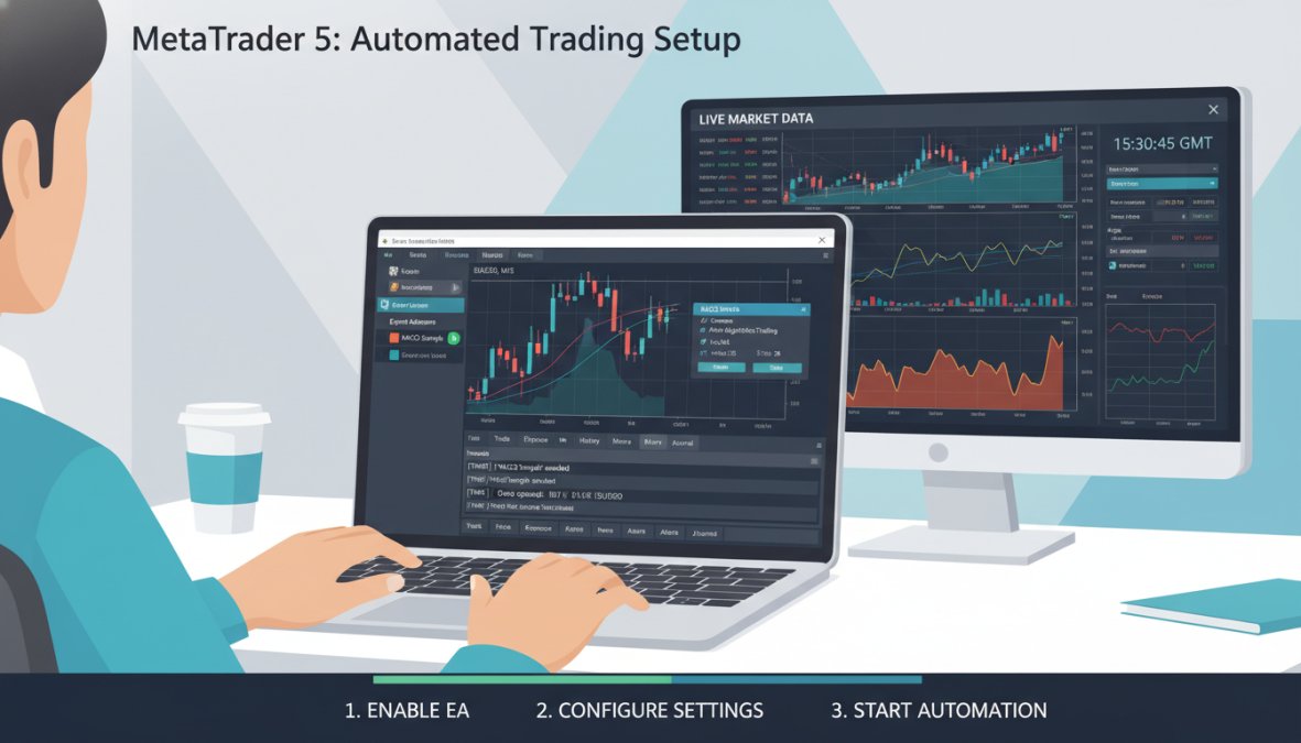 Close-up of a trader's hands on a laptop keyboard with the MetaTrader 5 platform visible on screen, a second monitor showing live forex market price charts in the background, in a clean home office setting