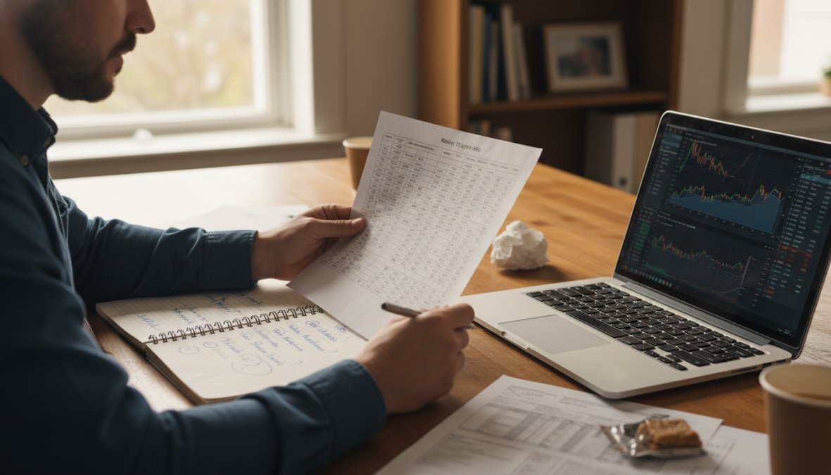A focused professional sitting at a desk reviewing printed trading reports and a notebook with handwritten risk notes, laptop open beside them showing financial data, warm office lighting