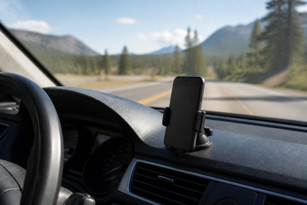 A driver's smartphone mounted on a vehicle dashboard displaying real-time GPS tracking with trip data, route information, and vehicle location on an interactive map with clear visibility of the road ahead
