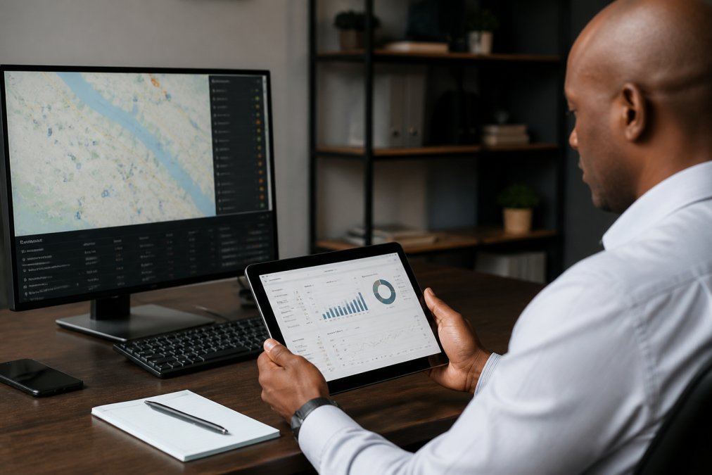 A fleet manager reviewing vehicle analytics and driver performance metrics on a tablet in a modern office, with a digital map showing vehicle locations and safety scores displayed on the screen