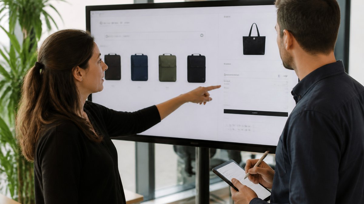 UX researcher and manager performing ecommerce ux testing on a checkout flow in a bright office