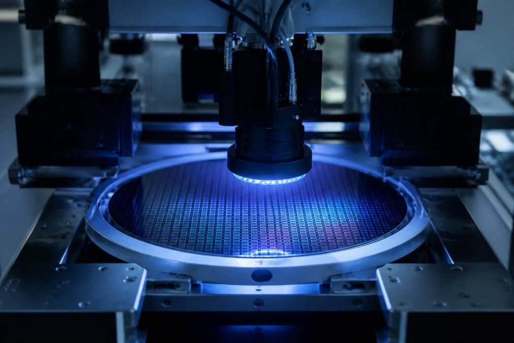 Automated inspection system scanning semiconductor wafers with precision machine vision cameras mounted above wafer handling stage in modern cleanroom environment with blue LED lighting