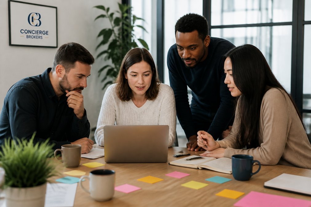 A focused marketing team collaborating around a laptop displaying campaign dashboards, with sticky notes and coffee cups on a modern office table