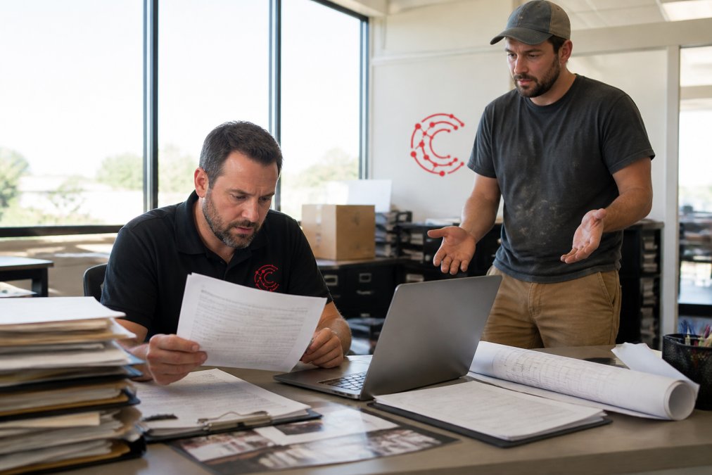 A restoration project manager in a busy office reviewing paper documentation and photos on a laptop while a technician in work clothes waits nearby with questions, natural daylight through windows