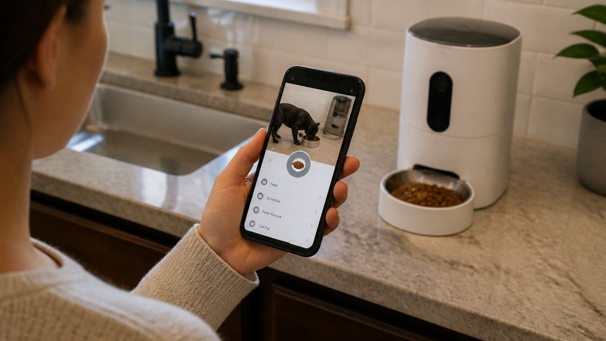Pet owner holding a smartphone displaying a pet feeder app interface, with the physical automatic feeder visible in the background on a kitchen counter